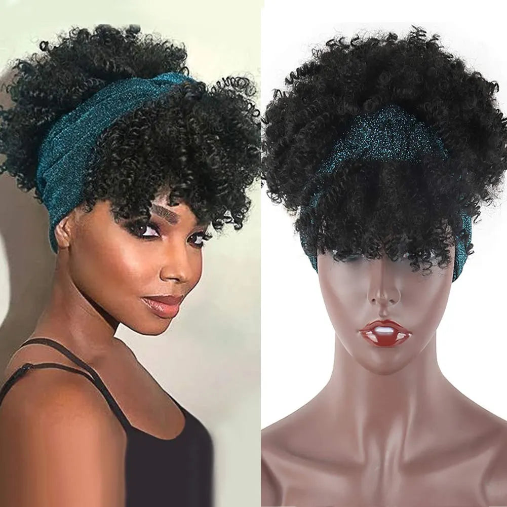 Short Afro Kinky Curly Wigs with Headband