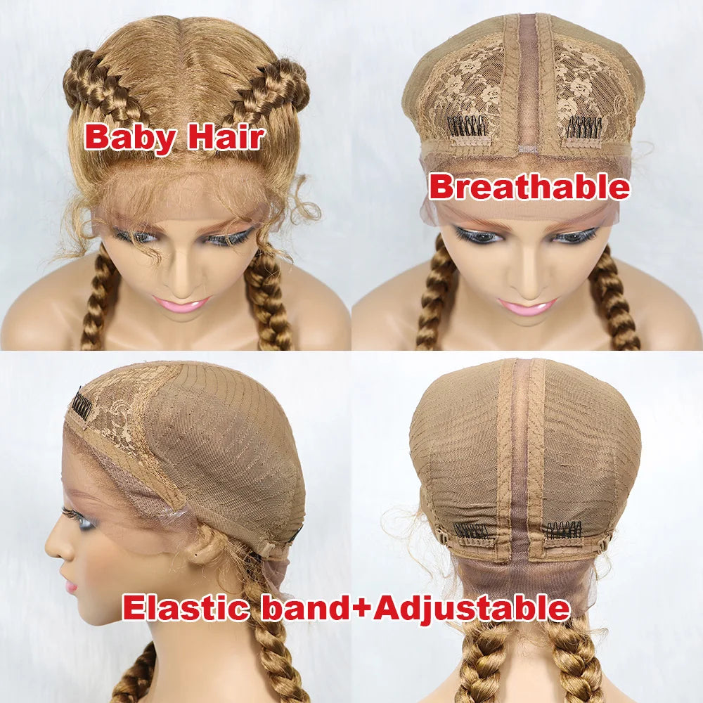 36 Inches Long Lace Front Braided Wigs Dutch Twins Braids Wig With Baby Hair