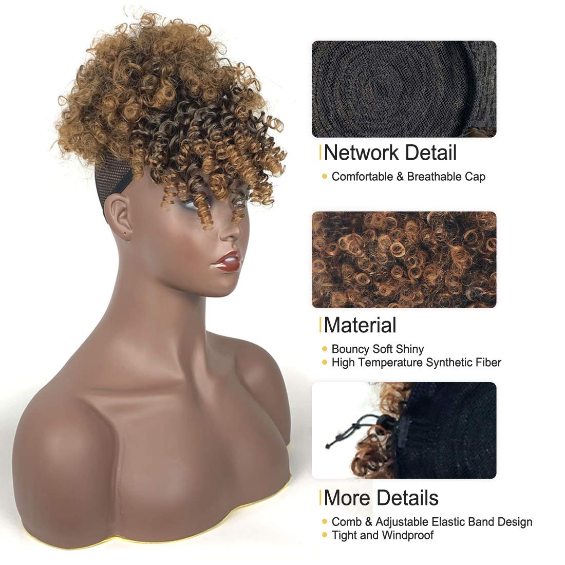 Light Brown Afro Puff Drawstring Ponytail with Bangs Wigs
