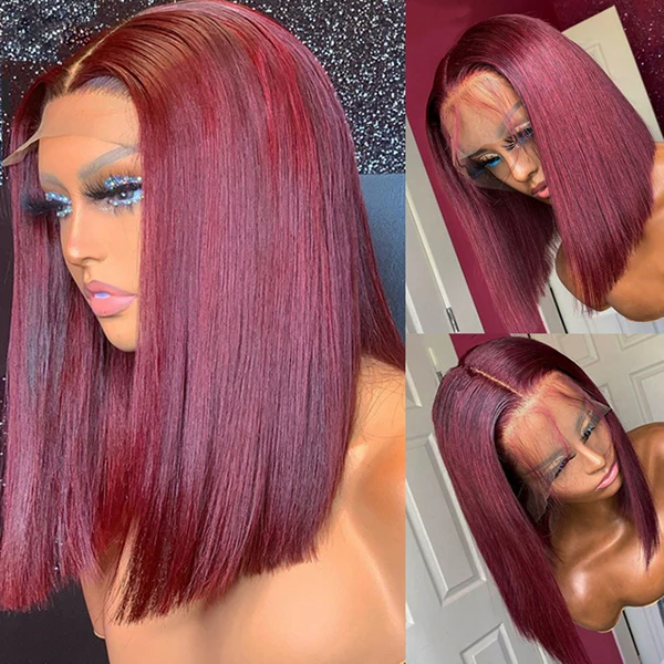 Blunt Cut Bob Wig #99J Red Colored Straight Short Bob 13x4 Lace Front Wigs 220% Density