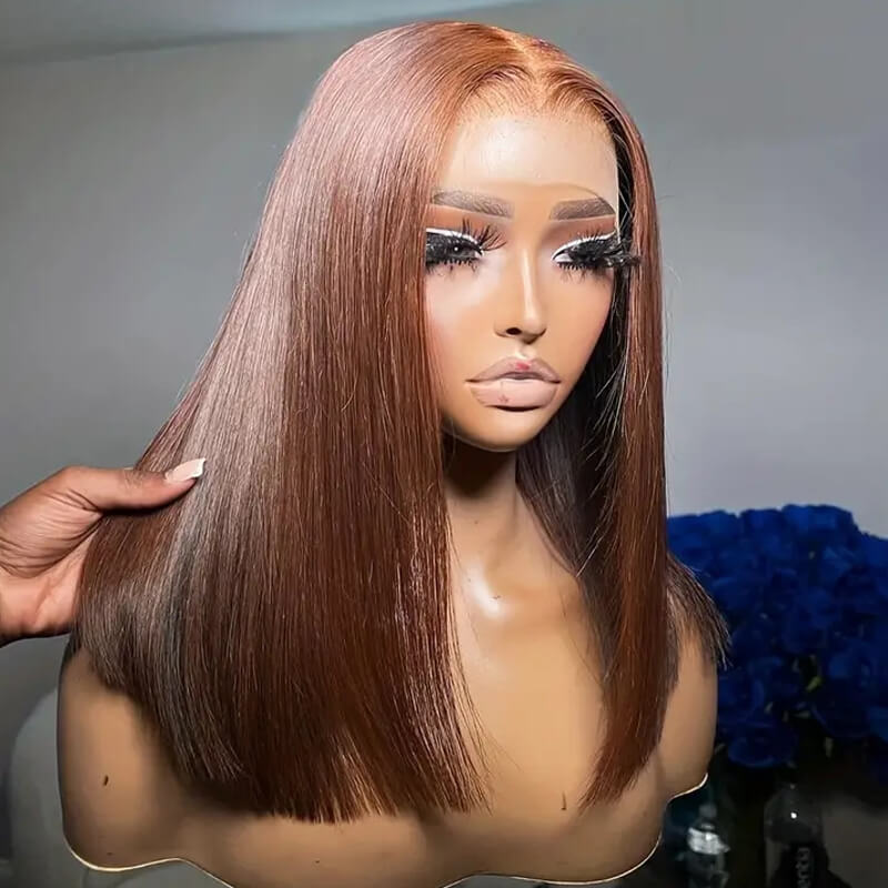 Blunt Cut Short Bob Wigs #4 Brown Colored 13x4 Lace Front Straight Wigs 220% Density