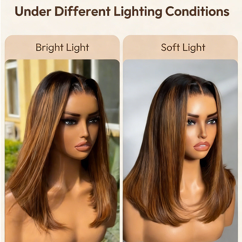 Blunt Cut 13x4/2x6 Lace Brown Piano Highlights #4/27 Color Straight Bob Wig With Dark Roots Bob Wigs Ready To Wear