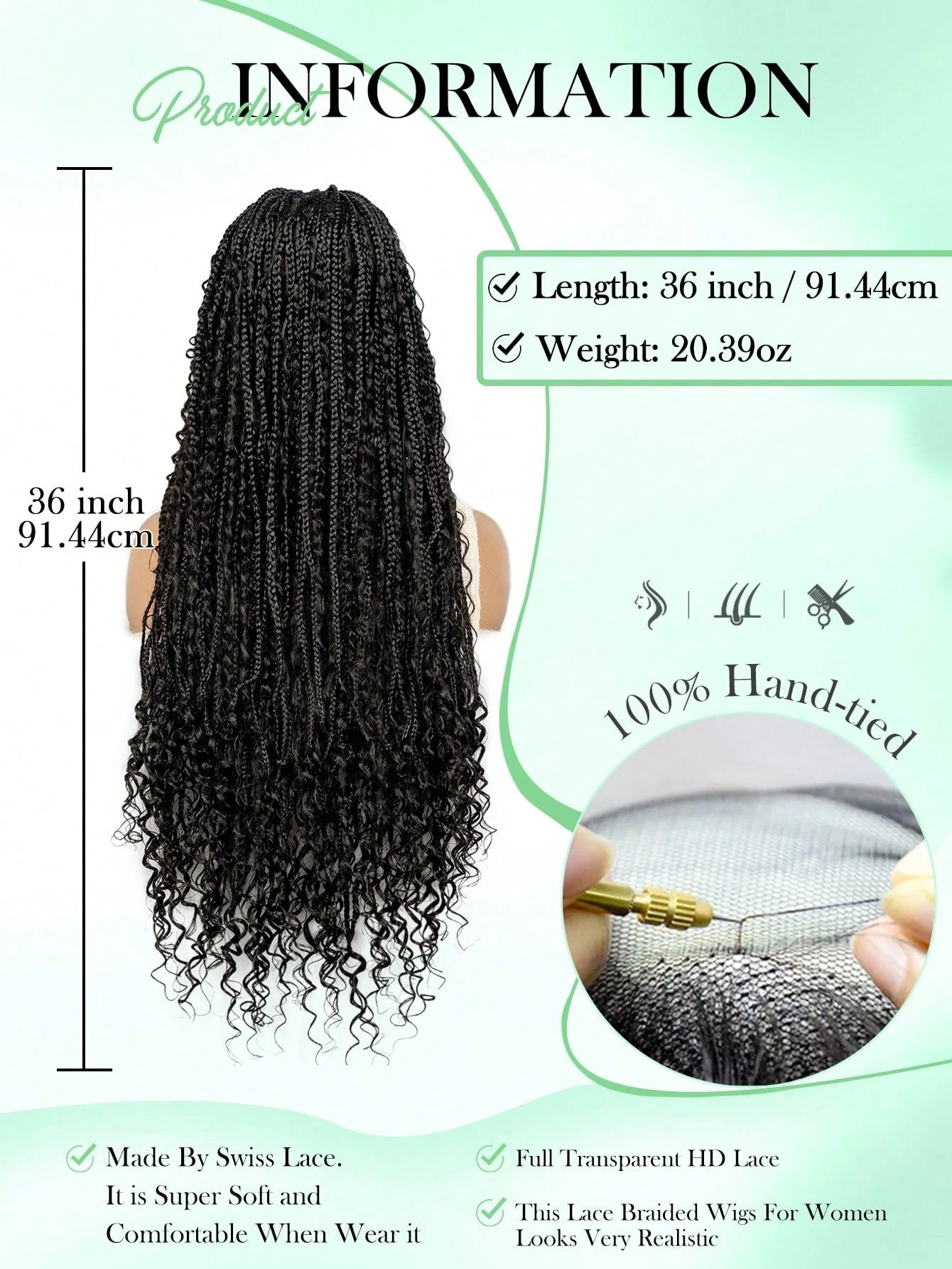 BohoFull Lace Braided Wig, Long Wavy Crochet Braids Wig With Baby Hair, Handmade No-Knot Woven Braid Wave Headband Hair Extension