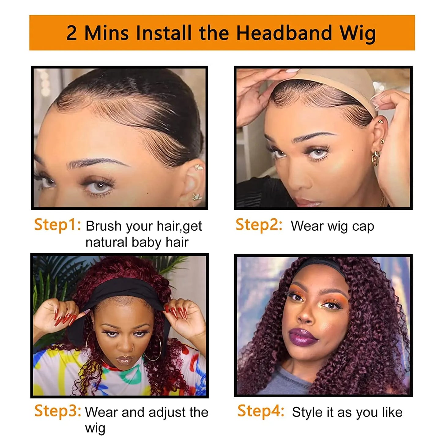 Wine Red Curly Long Hair Headband Glueless Wig