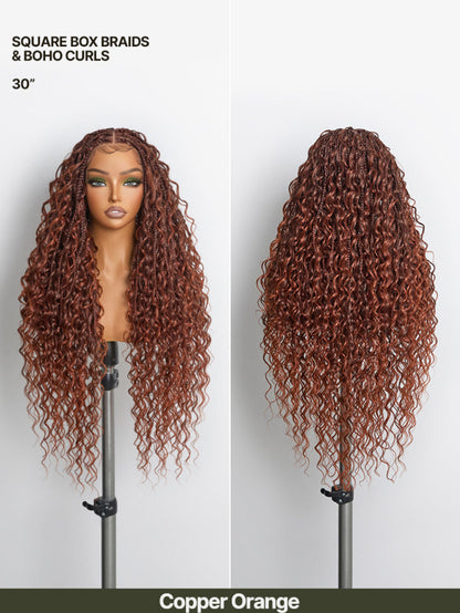 Full Lace Boho Braids Synthetic Box Braid Wig – Grid-Part Top with Mixed Boho Curls