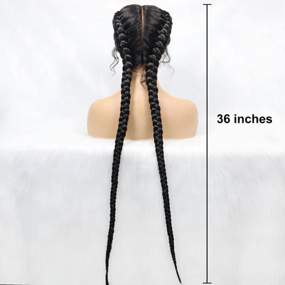 36 Inches Long Lace Front Braided Wigs Dutch Twins Braids Wig With Baby Hair