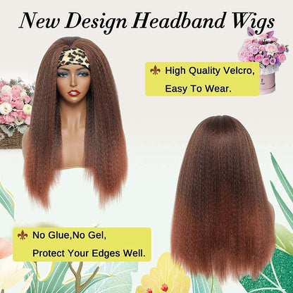 T30# Black Gradient Dark Brown Kinky Straight Long Hair Headband Glueless Wig