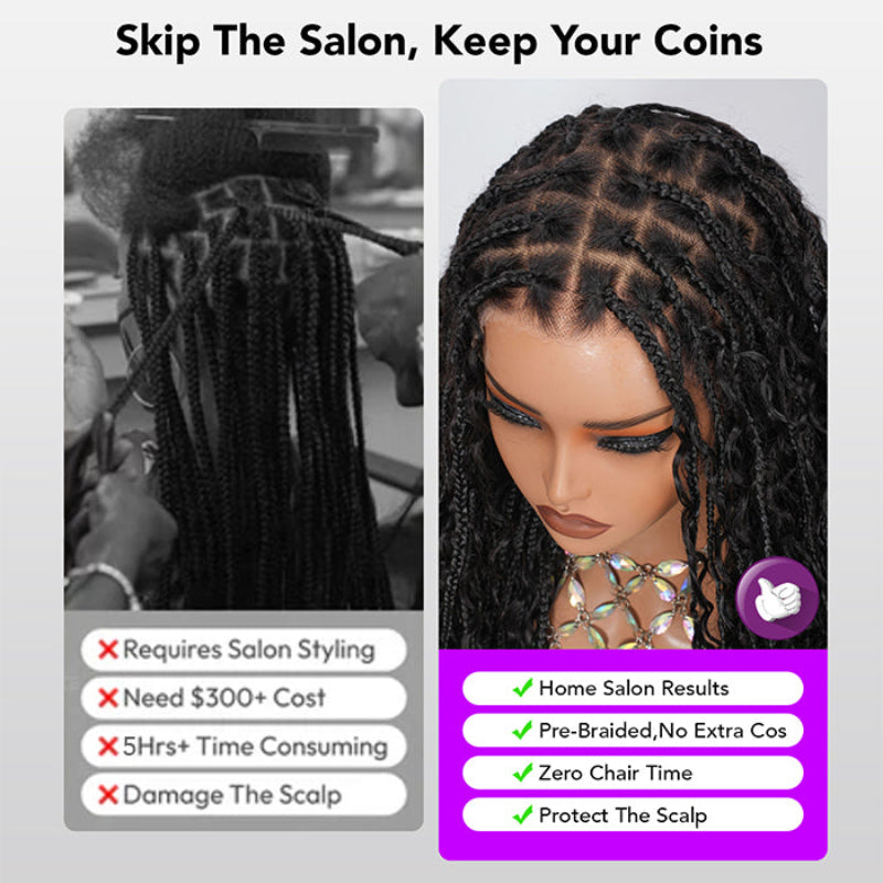 Knotless Boho Braids HD 13x6 Lace Frontal Wig Flexi Fit Drawstring Cap Water Wave Glueless Braided Wigs