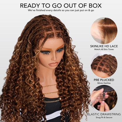Knotless Boho Braids HD 13x6 Lace Frontal Wig Flexi Fit Drawstring Cap Water Wave Glueless Braided Wigs