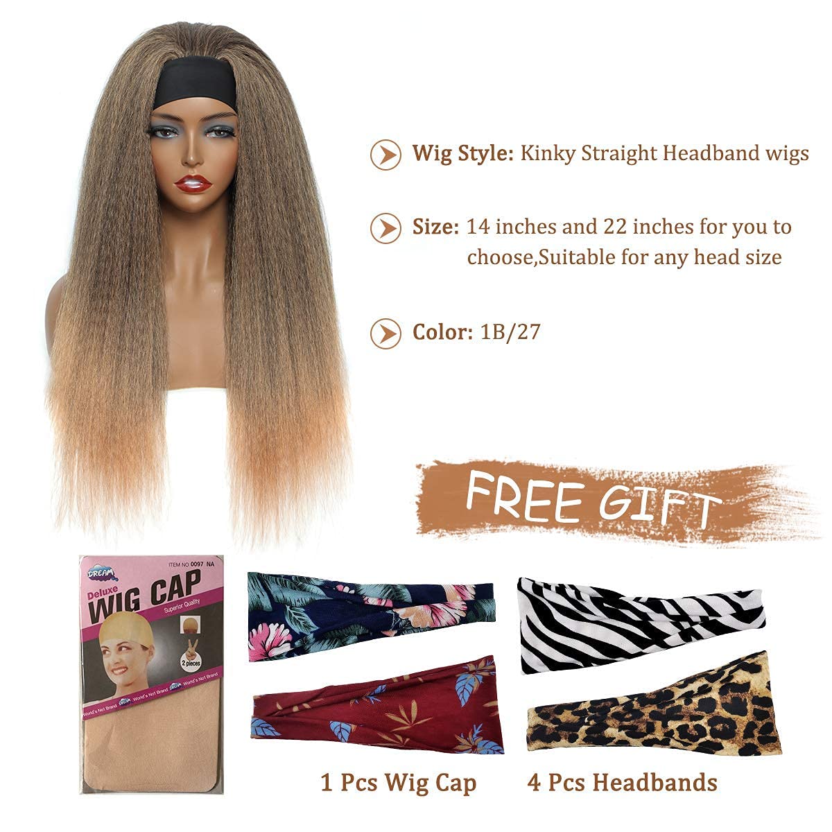 T27#  Kinky Straight Long Hair Headband Glueless Wig