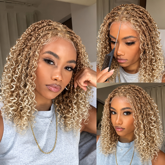 Glueless Full Lace Curly Wave Braided Wigs Honey Blonde Color Boho Braided Wigs Put on And Go Wig