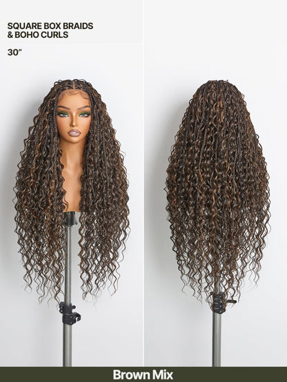 Full Lace Boho Braids Synthetic Box Braid Wig – Grid-Part Top with Mixed Boho Curls