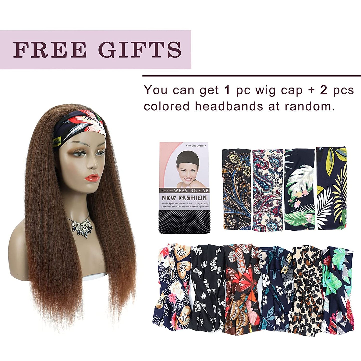Brown Kinky Straight Long Hair Headband Glueless Wig