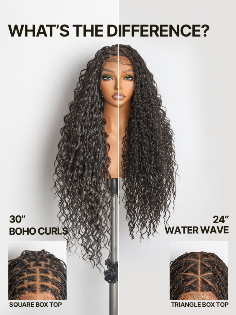 Full Lace Boho Braids Synthetic Box Braid Wig – Grid-Part Top with Mixed Boho Curls
