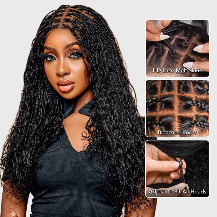 Knotless Boho Braided Curly Wigs Drawstring Full Frontal HD Lace Braided Glueless Wigs