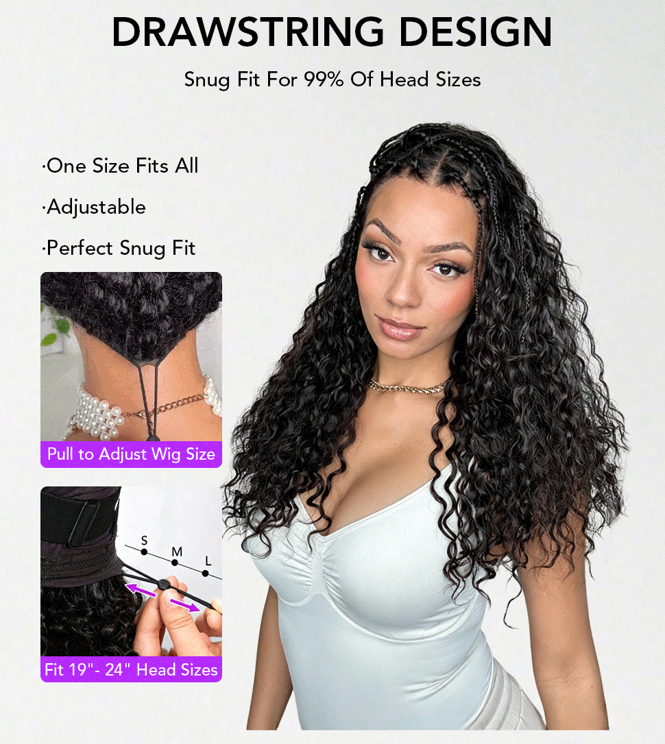 Knotless Boho Braids HD 13x6 Lace Frontal Wig Flexi Fit Drawstring Cap Water Wave Glueless Braided Wigs