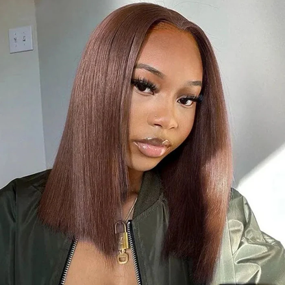 #4 Brown Blunt Cut Bone Straight Bob Wig 2x6/13x4 Inch Deep Part Realistic Lace Vietnam Hair 220% Density