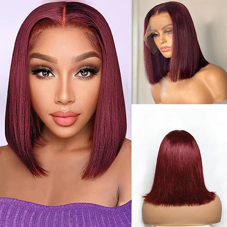 Blunt Cut Bob Wig #99J Red Colored Straight Short Bob 13x4 Lace Front Wigs 220% Density