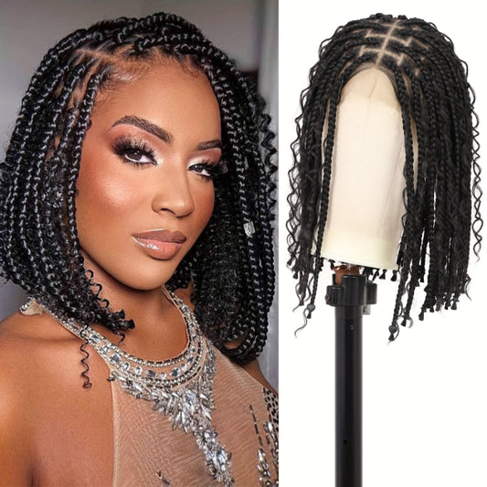 12-Inch Short Boho Braided Wigs for Women Featuring a Full Double Lace Knotless Design with Bohemian Curly Box Braids