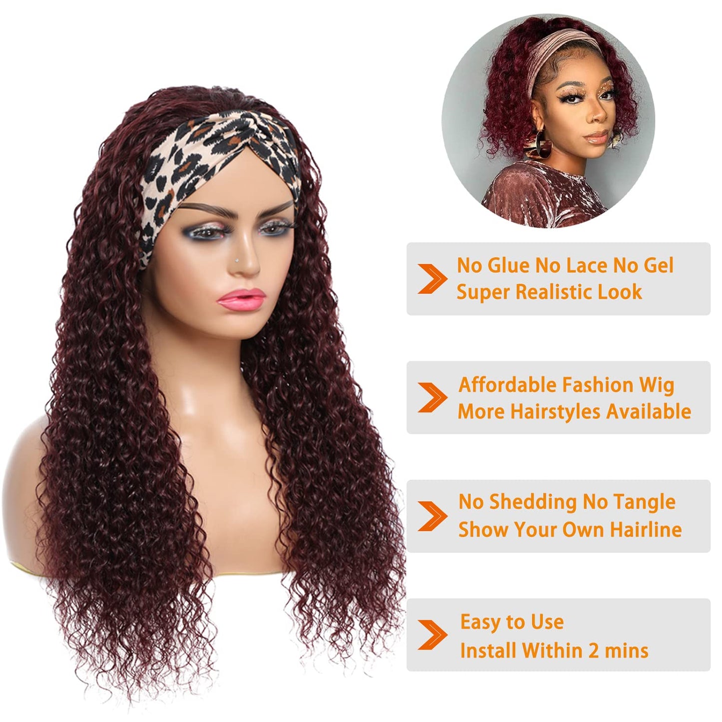 Wine Red Curly Long Hair Headband Glueless Wig