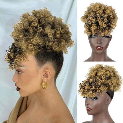 Burgundy Red Afro Puff Drawstring Ponytail with Bangs Wigs