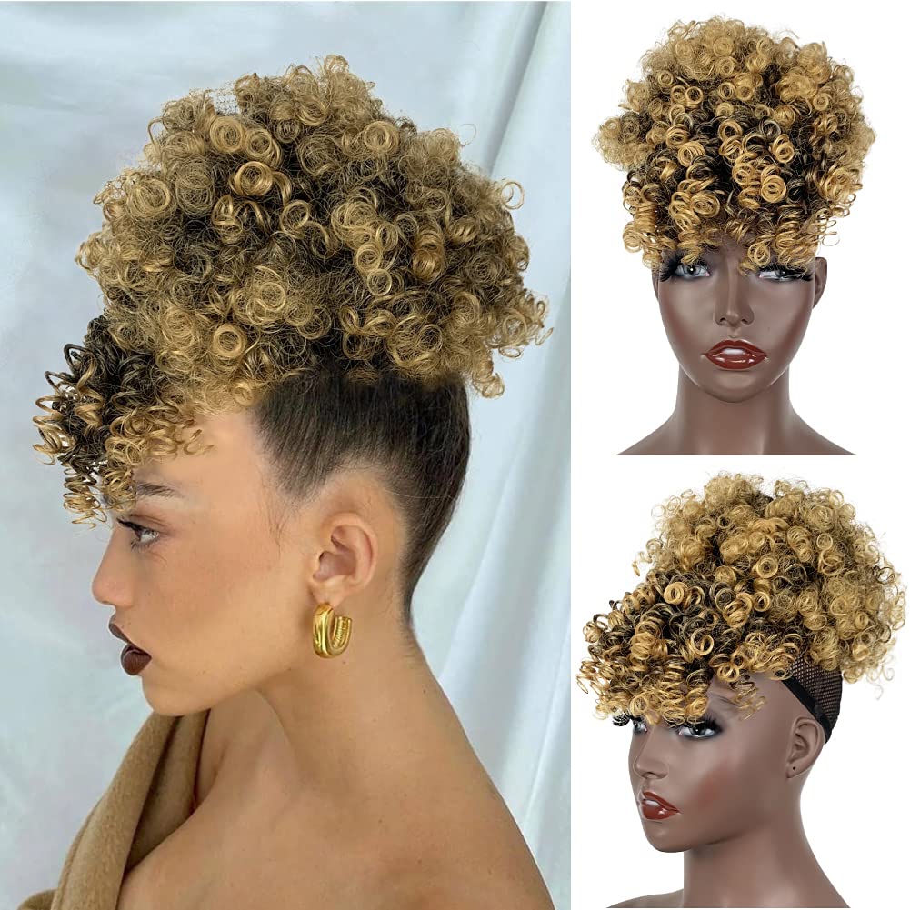 Light Brown Afro Puff Drawstring Ponytail with Bangs Wigs