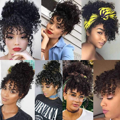Kinky Curly Bangs Clip Natural Color Drawstring Ponytail
