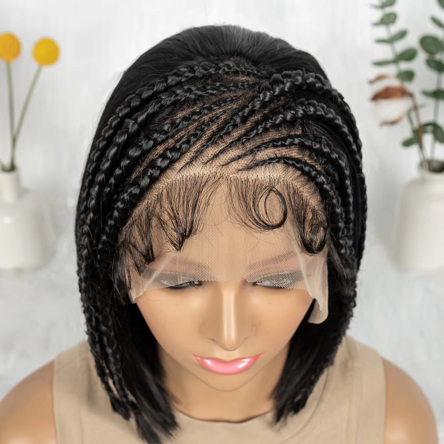 12inch Cornrow Braided Bob Wigs 13x4 Transparent Lace Frontal Short Natural Straight Wigs with Braids