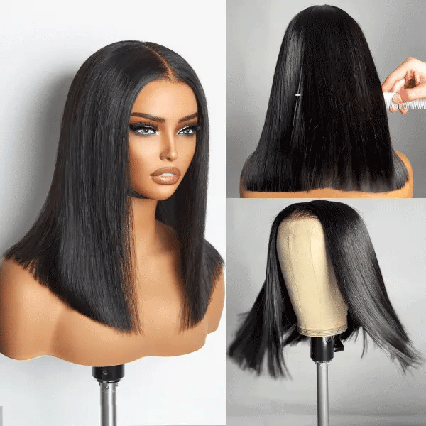 Blunt Cut Bob 2x6 Lace Closure Straight Wigs for Women Natural Black 220% Density