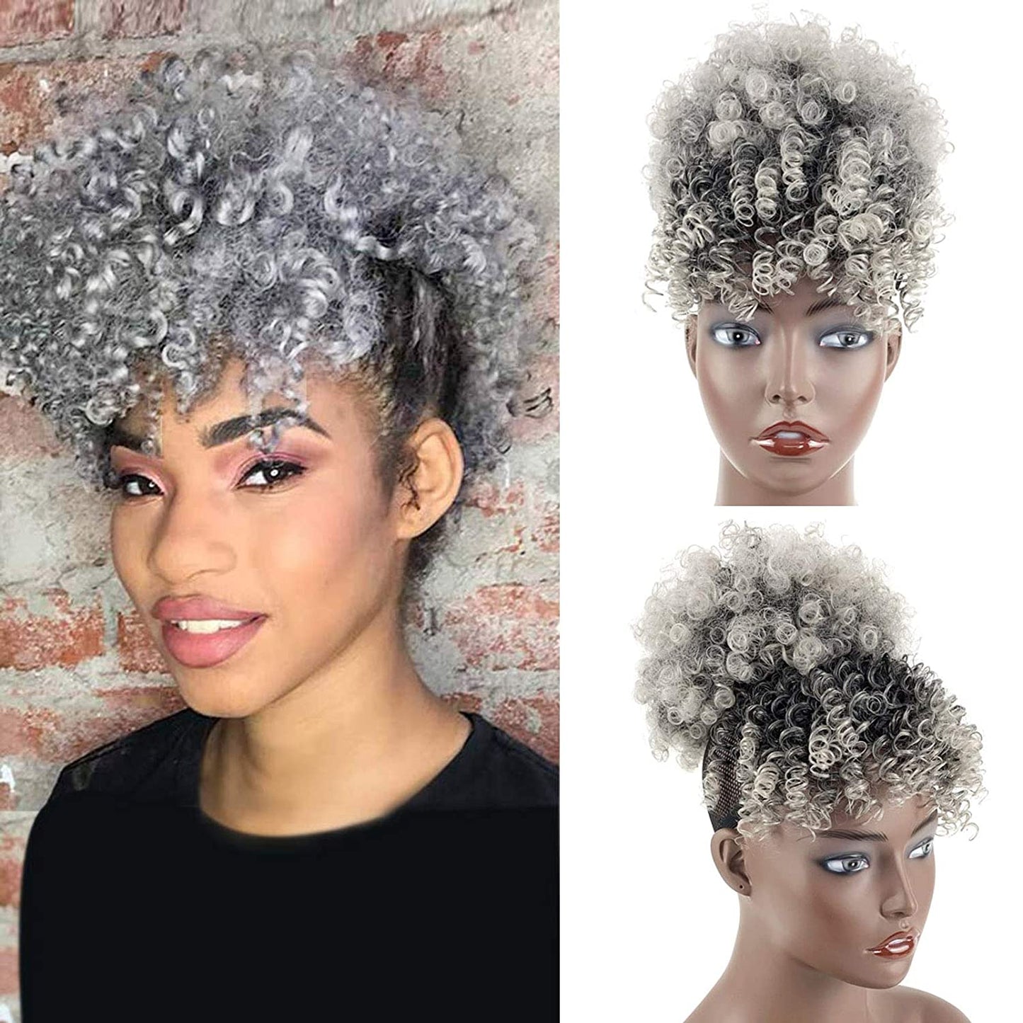 Light Brown Afro Puff Drawstring Ponytail with Bangs Wigs