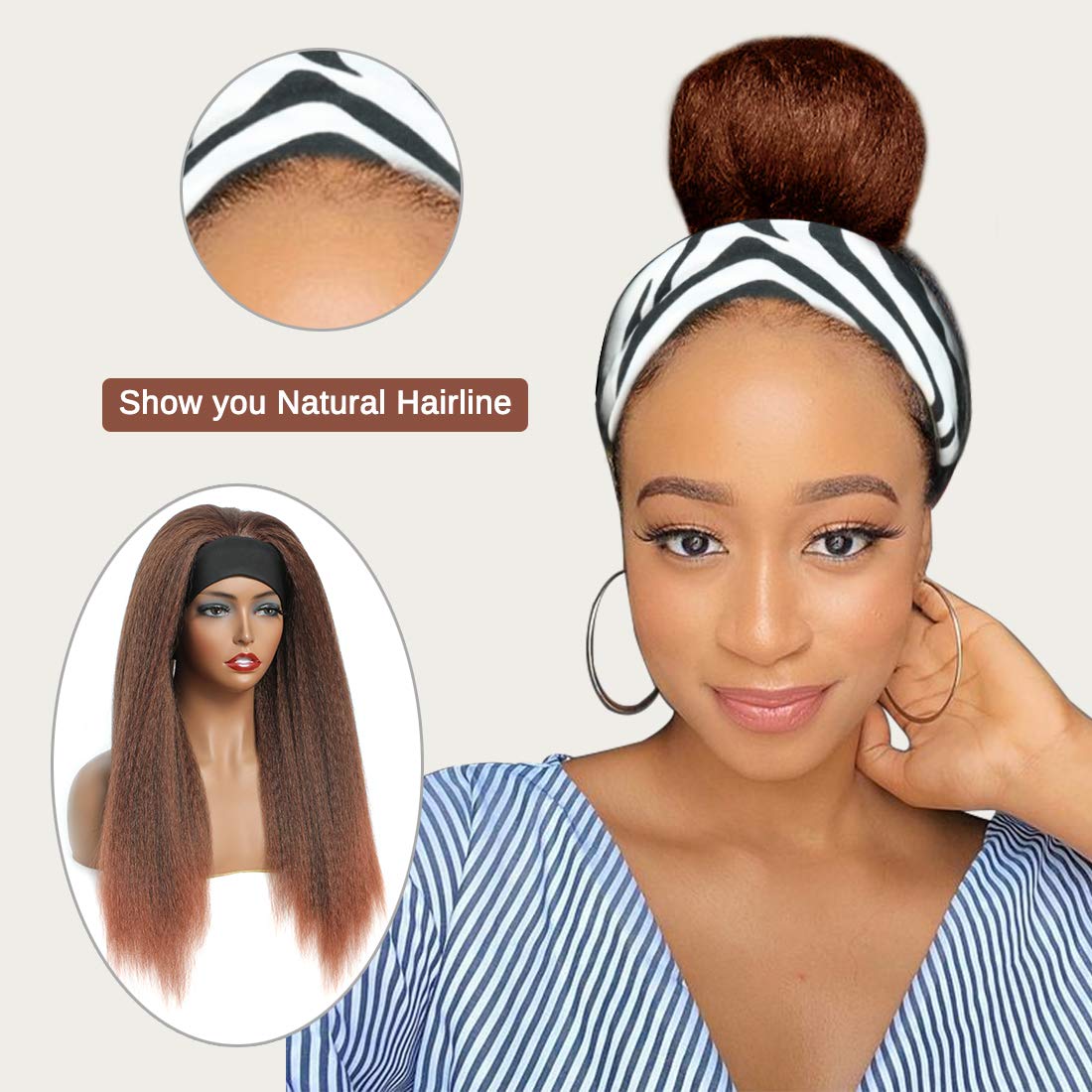 T30# Black Gradient Dark Brown Kinky Straight Long Hair Headband Glueless Wig