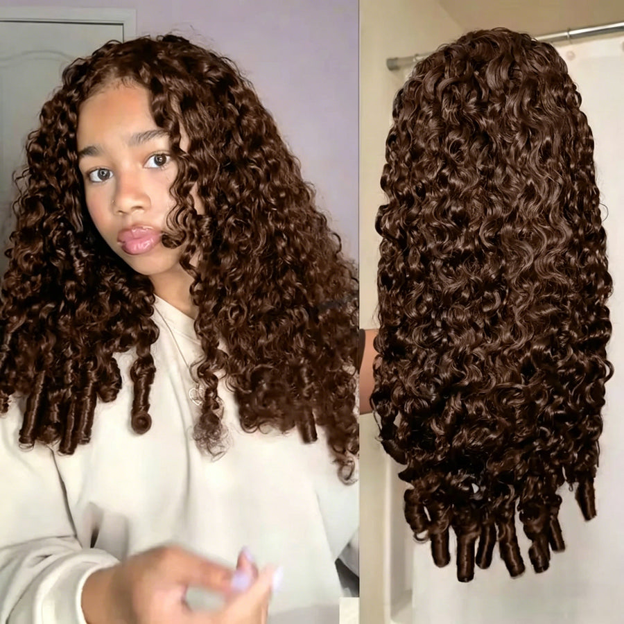 [Glueless Wig]  Burmese Curly Chocolate Brown Color Pre-Cut 5X5/4x4 Lace Wear Go Wig