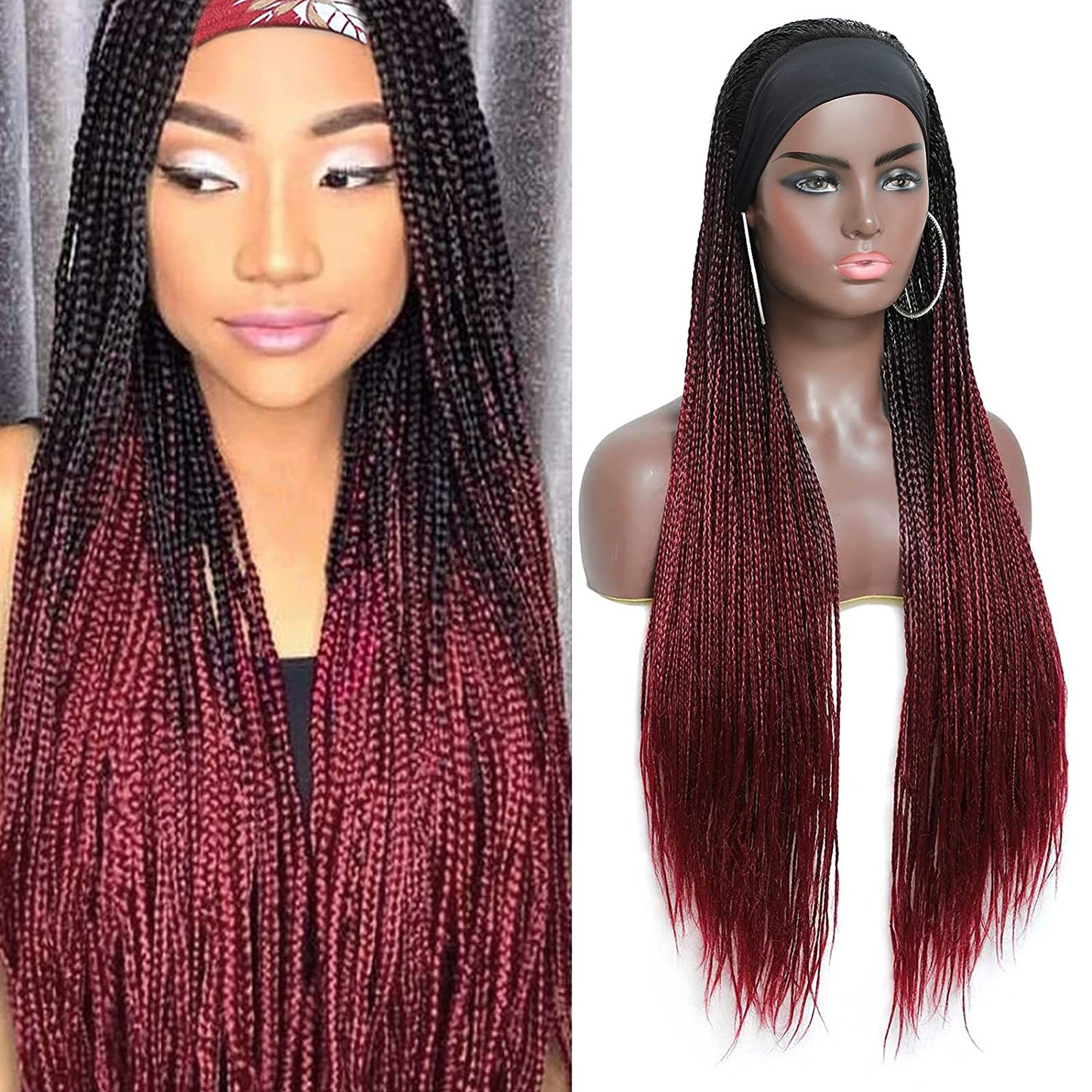 Burgundy Wine Red Long Micro Braids Wig Headband Wigs Box Braided Wigs