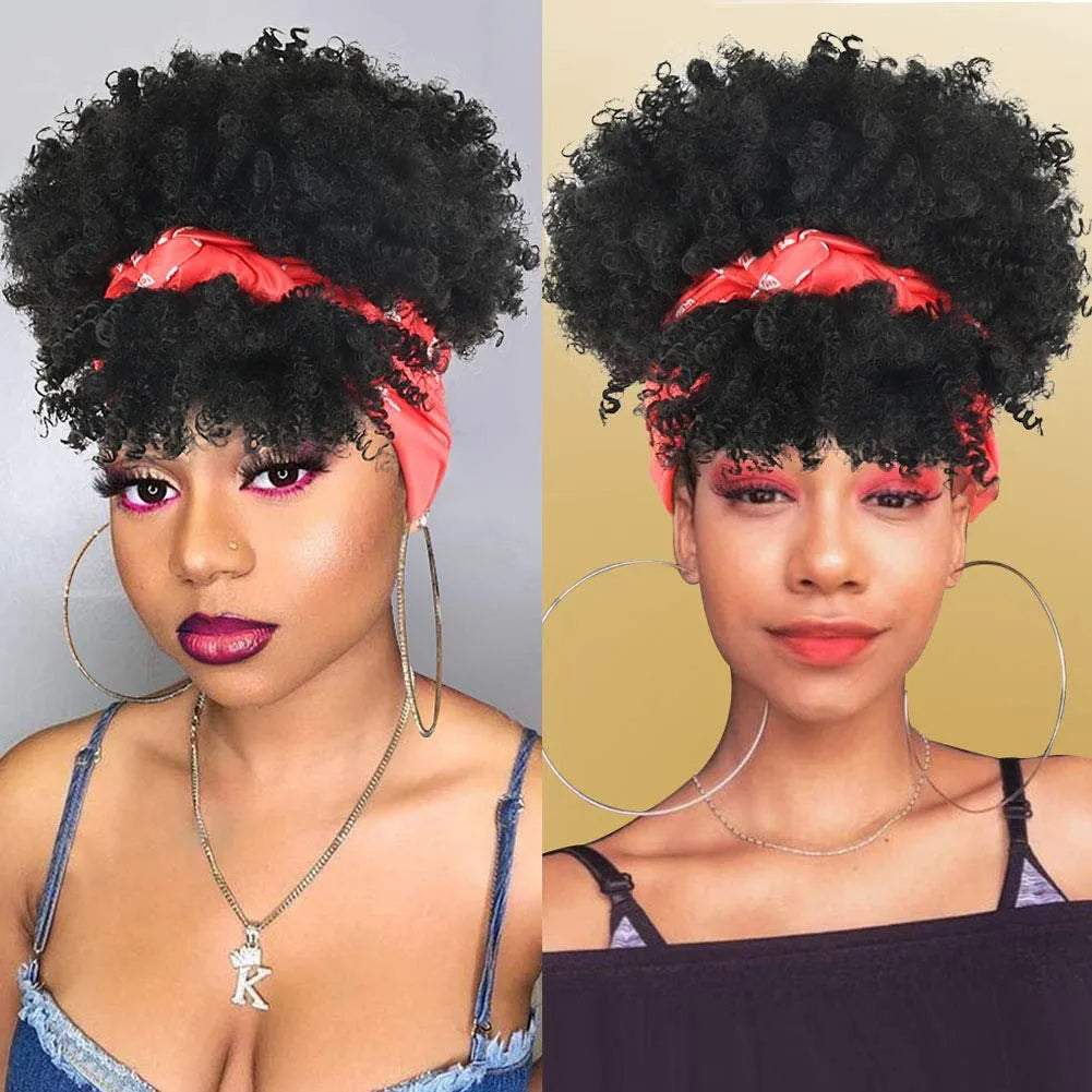 Short Afro Kinky Curly Wigs with Headband