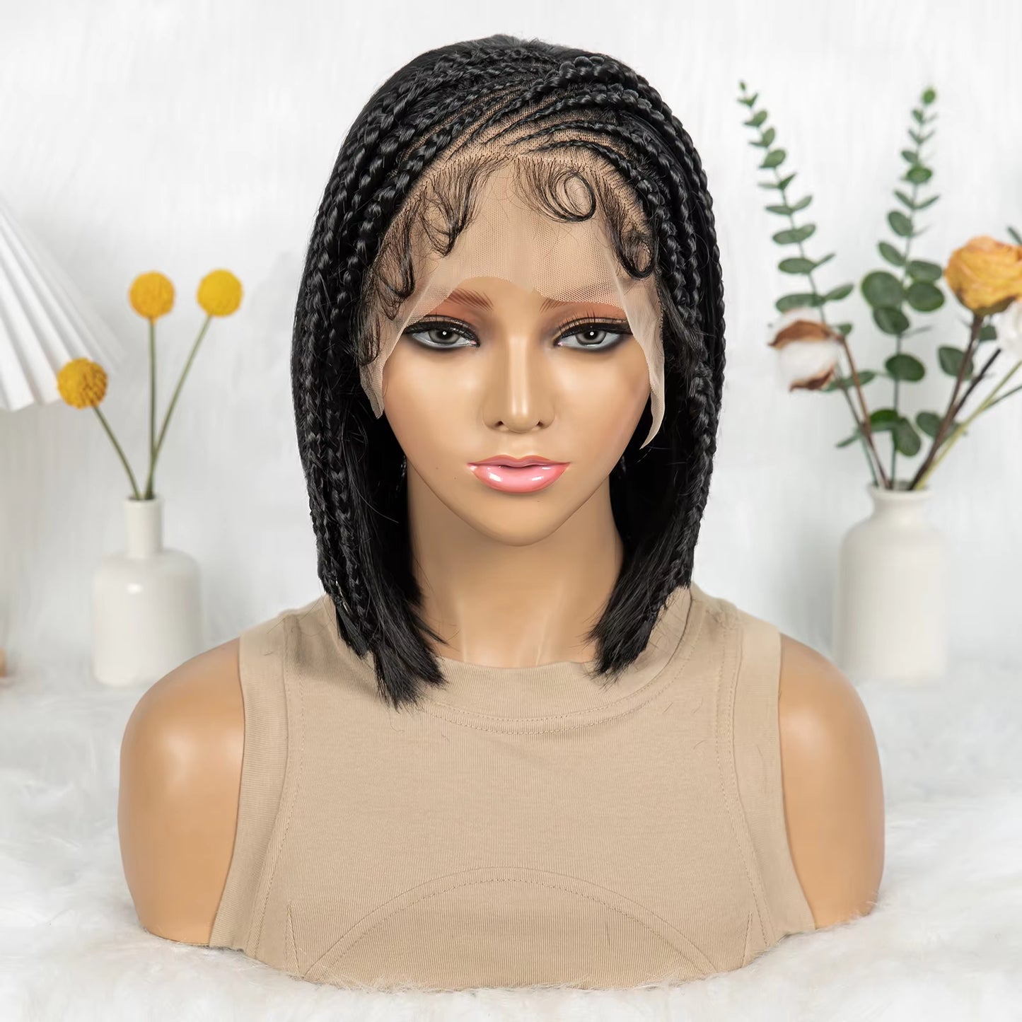 12inch Cornrow Braided Bob Wigs 13x4 Transparent Lace Frontal Short Natural Straight Wigs with Braids