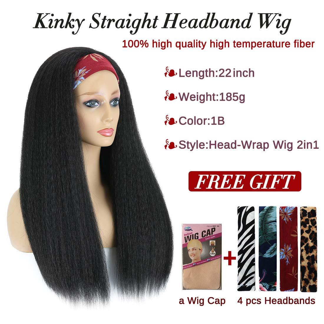 1B Black Kinky Straight Long Hair Headband Glueless Wig