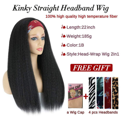 1B Black Kinky Straight Long Hair Headband Glueless Wig