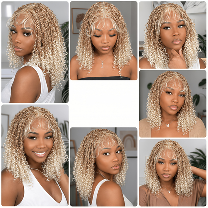Glueless Full Lace Curly Wave Braided Wigs Honey Blonde Color Boho Braided Wigs Put on And Go Wig