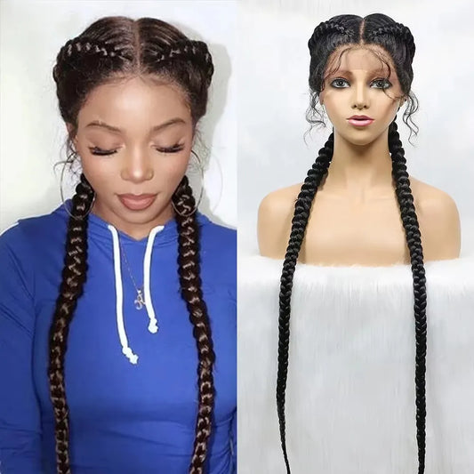36 Inches Long Lace Front Braided Wigs Dutch Twins Braids Wig With Baby Hair