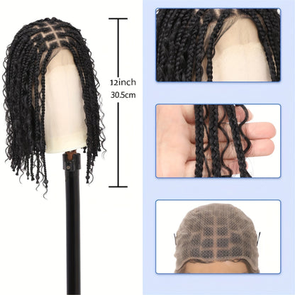 12-Inch Short Boho Braided Wigs for Women Featuring a Full Double Lace Knotless Design with Bohemian Curly Box Braids