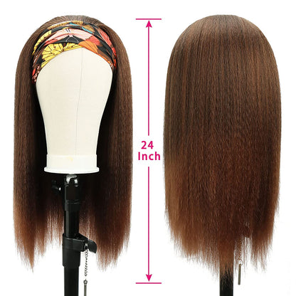 Brown Kinky Straight Long Hair Headband Glueless Wig
