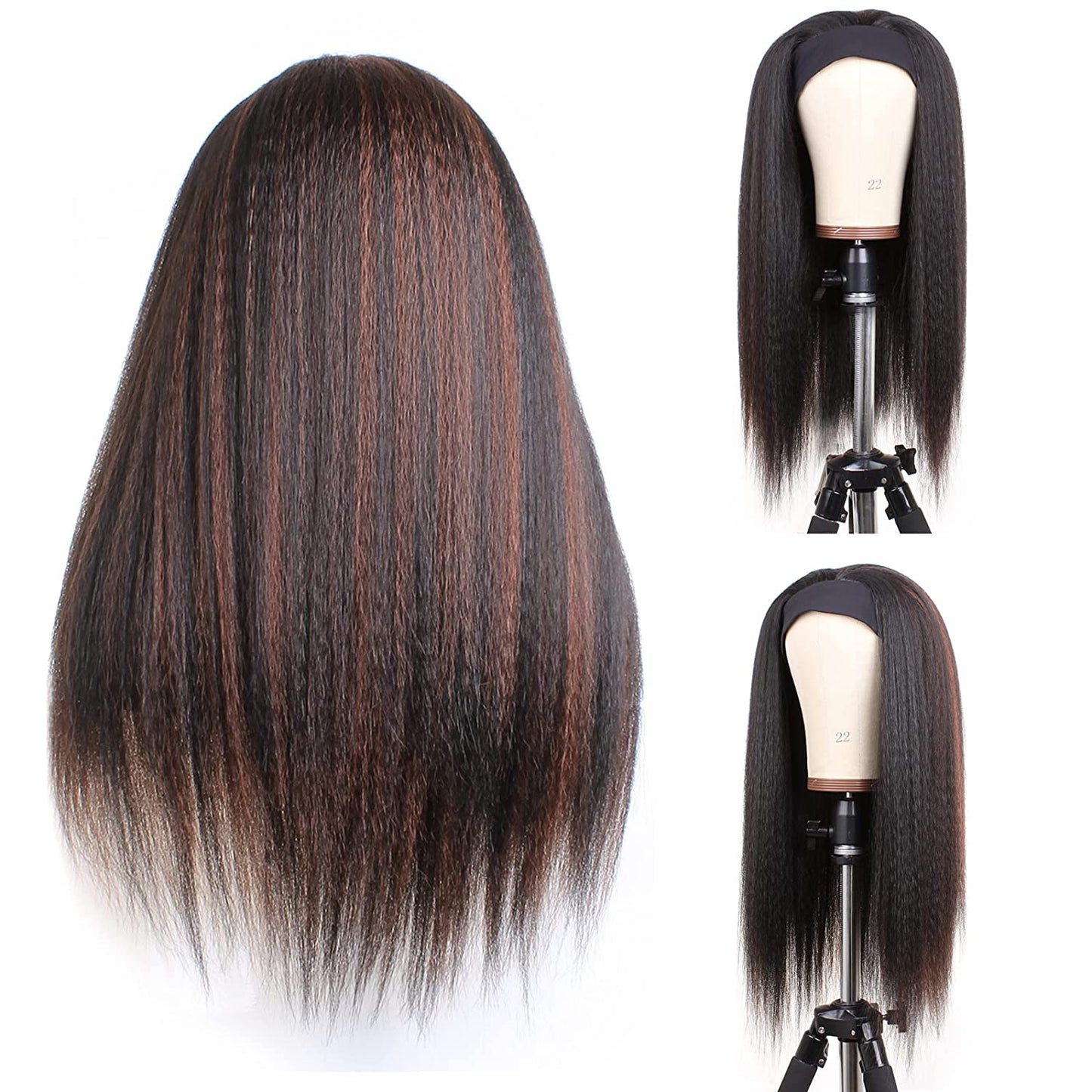 Black Mixed Brown Kinky Straight Long Hair Headband Glueless Wig