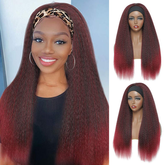 T1B/Bug Black Gradient Wine Red Kinky Straight Long Hair Headband Glueless Wig