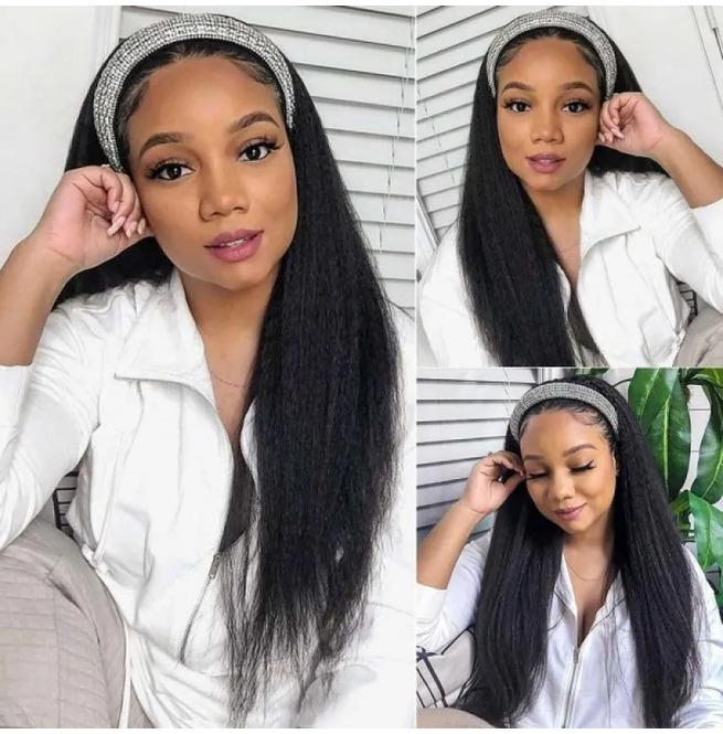 Wine Red Kinky Straight Long Hair Headband Glueless Wig