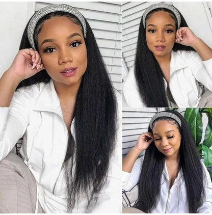 Wine Red Kinky Straight Long Hair Headband Glueless Wig