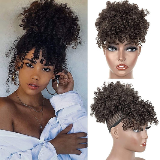 Natural Black Afro Puff Drawstring Ponytail with Bangs Kinky Curly Hair Bun with Spring Curl Bangs Clip in Hairpieces