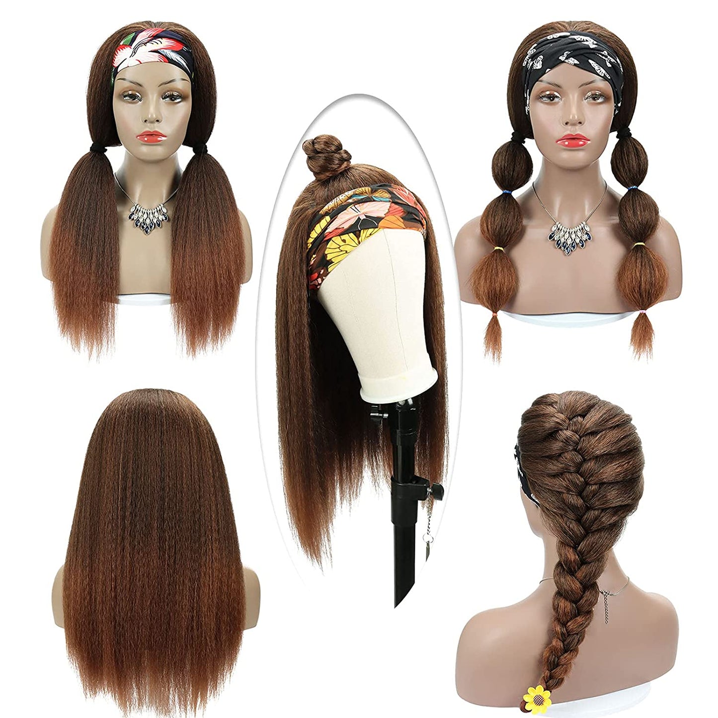 Brown Kinky Straight Long Hair Headband Glueless Wig