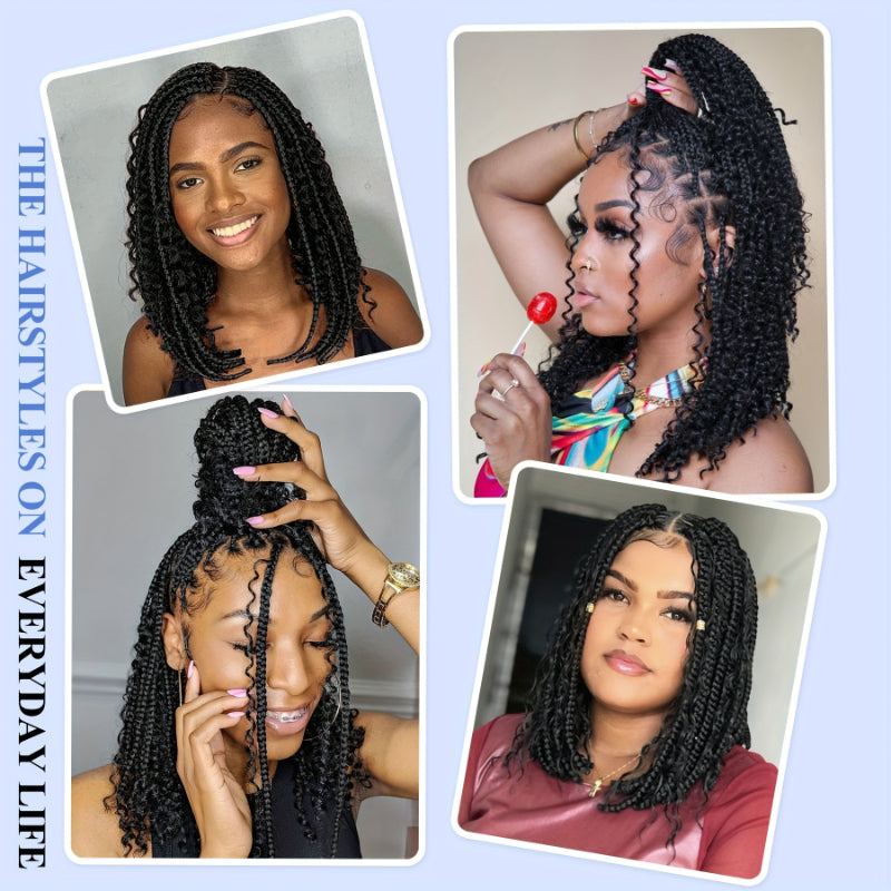 12-Inch Short Boho Braided Wigs for Women Featuring a Full Double Lace Knotless Design with Bohemian Curly Box Braids