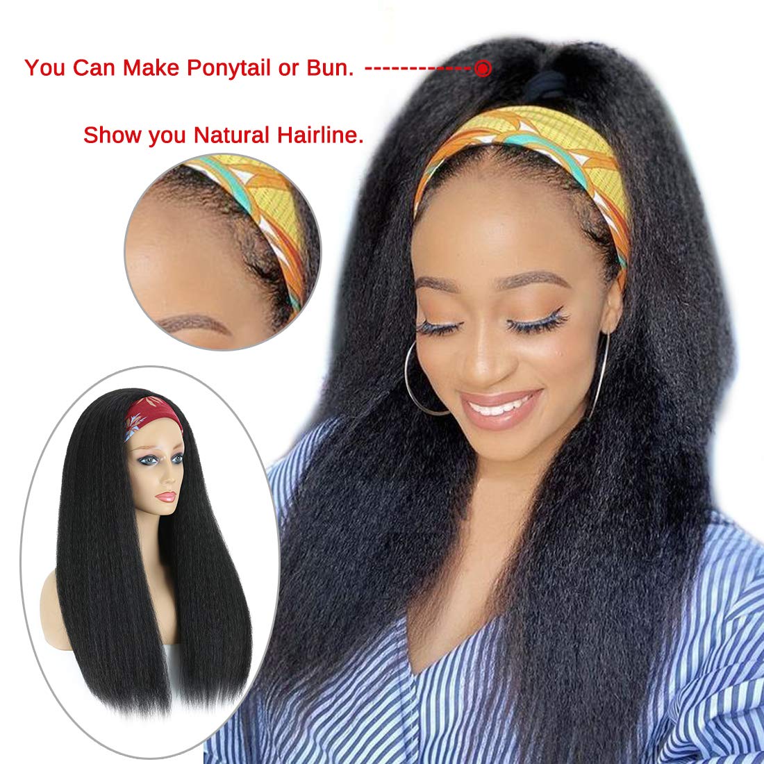 1B Black Kinky Straight Long Hair Headband Glueless Wig