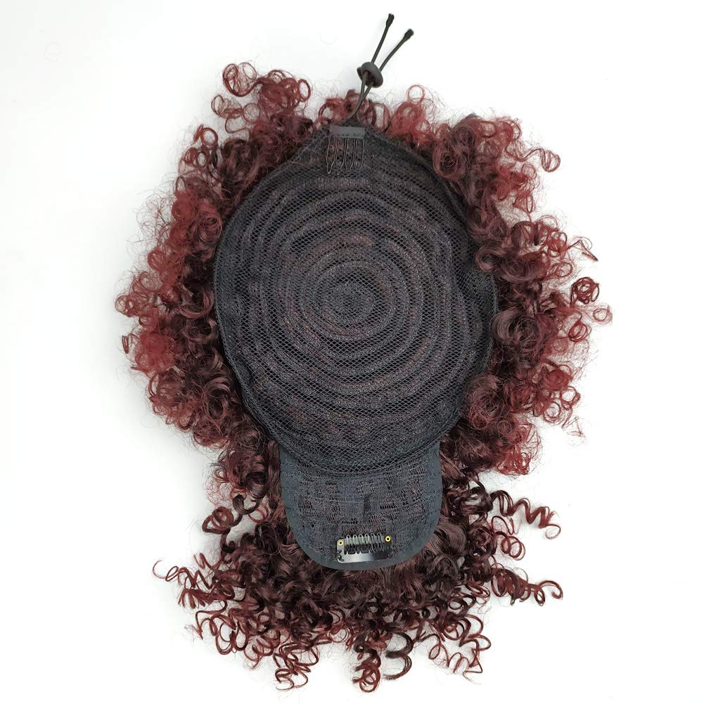Burgundy Red Afro Puff Drawstring Ponytail with Bangs Wigs